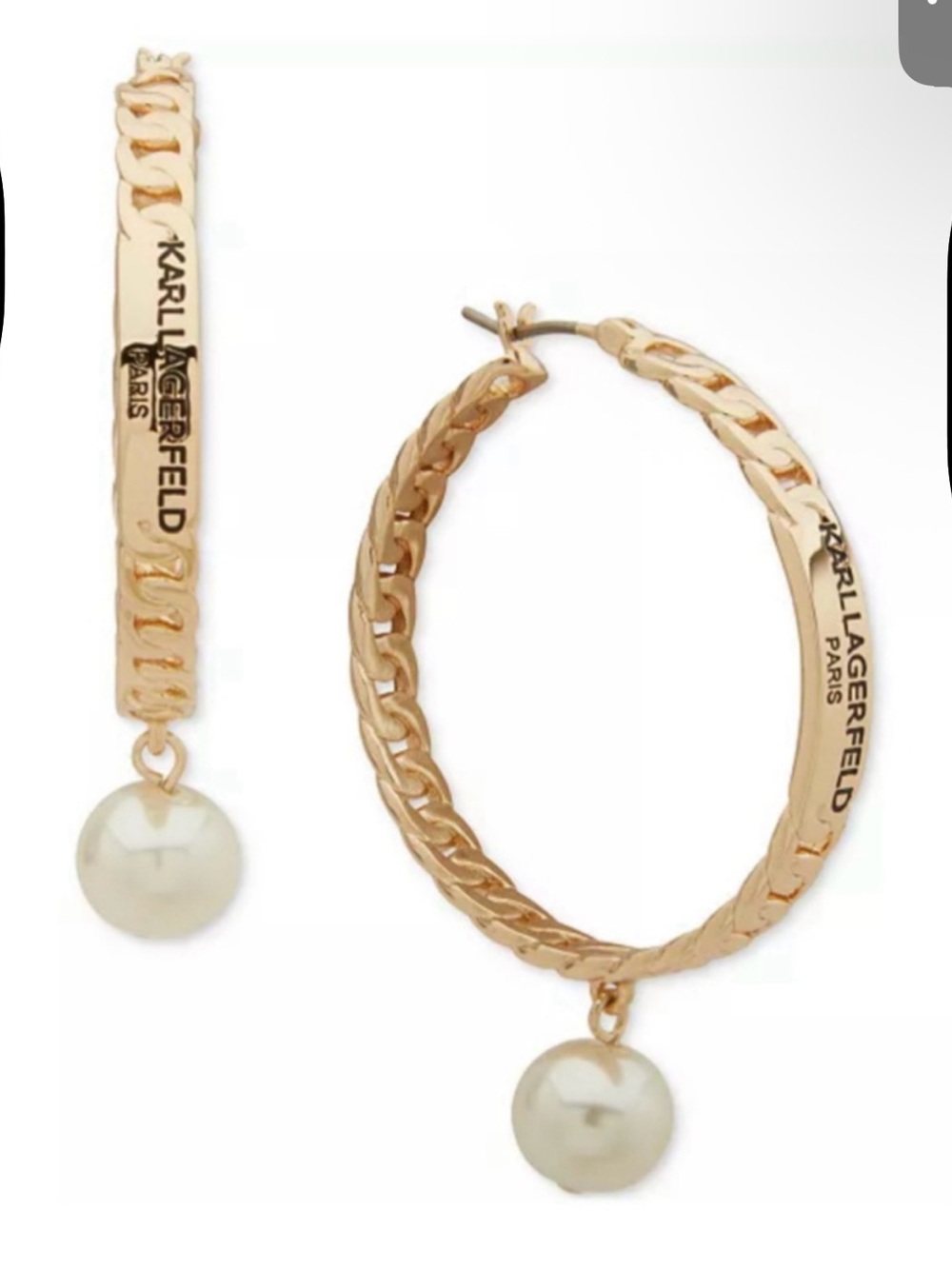 Karl Lagerfeld Gold-Tone Hoop Earrings with Pearl Drops - Picture 3 of 3